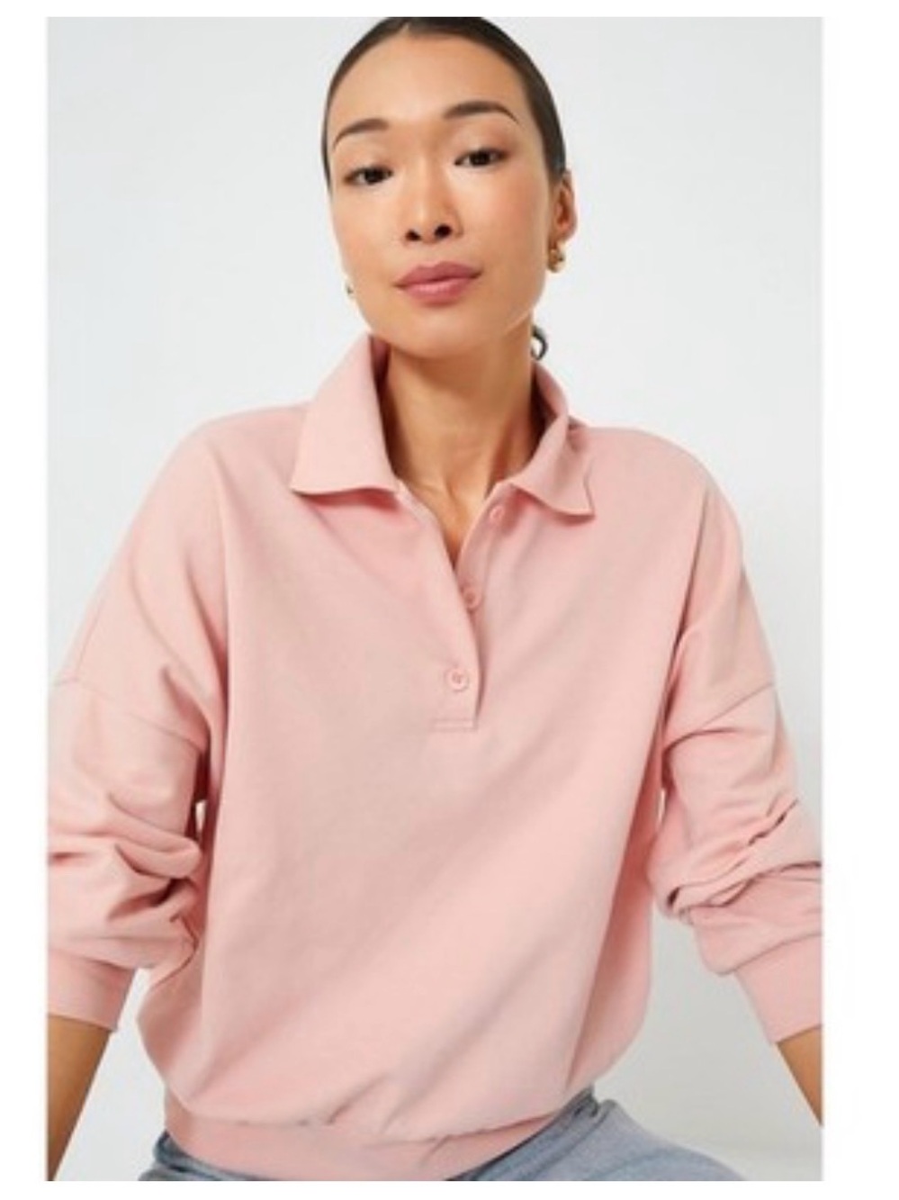 Pomander Place Soft Pink Polo Sweatshirt - Women's Long Sleeve Pullover